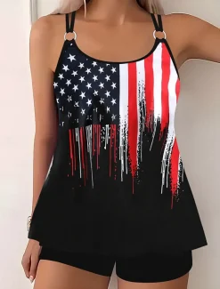 Women's Swimwear Bikini 2 Piece Boy Leg Swimsuit Backless Slim Vacation Beach Wear Graphic U Neck Sleeveless Bathing Suits