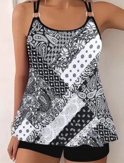 Women's Swimwear Bikini 2 Piece Boy Leg Swimsuit Backless Slim Vacation Beach Wear Graphic U Neck Sleeveless Bathing Suits