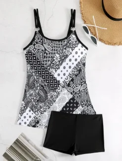 Women's Swimwear Bikini 2 Piece Boy Leg Swimsuit Backless Slim Vacation Beach Wear Graphic U Neck Sleeveless Bathing Suits