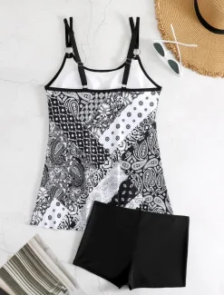 Women's Swimwear Bikini 2 Piece Boy Leg Swimsuit Backless Slim Vacation Beach Wear Graphic U Neck Sleeveless Bathing Suits