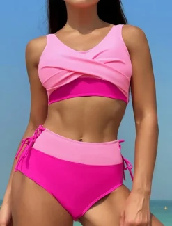Women's Swimwear Bikini 2 Piece Briefs Swimsuit Backless Slim High Waisted Vacation Beach Wear Solid Color V Neck Sleeveless Bathing Suits