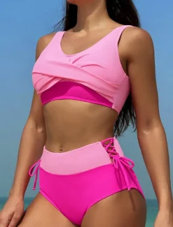 Women's Swimwear Bikini 2 Piece Briefs Swimsuit Backless Slim High Waisted Vacation Beach Wear Solid Color V Neck Sleeveless Bathing Suits