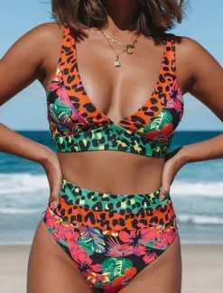 Women's Swimwear Bikini 2 Piece Briefs Swimsuit Backless Slim Vacation Beach Wear Floral Halter Neck Sleeveless Bathing Suits