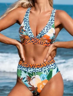 Women's Swimwear Bikini 2 Piece Briefs Swimsuit Backless Slim Vacation Beach Wear Floral Halter Neck Sleeveless Bathing Suits