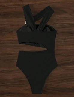 Women's Swimwear Bikini 2 Piece Briefs Swimsuit Backless Slim High Waisted Vacation Beach Wear Solid Color Asymmetric Neck Sleeveless Bathing Suits