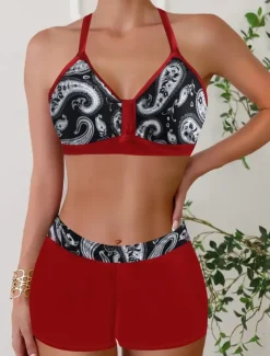 Women's Swimwear Bikini 2 Piece Monokini Cheeky Swimsuit Knitted Vacation Tropical Color Block Stripe Plunge Sleeveless Bathing Suits