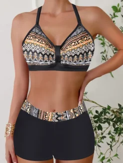 Women's Swimwear Bikini 2 Piece Monokini Cheeky Swimsuit Knitted Vacation Tropical Color Block Stripe Plunge Sleeveless Bathing Suits