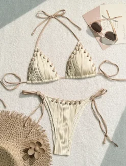 Women's Swimwear Bikini 2 Piece Thong Swimsuit Backless Slim Vacation Beach Wear Solid Color Halter Neck Sleeveless Bathing Suits