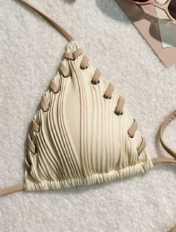 Women's Swimwear Bikini 2 Piece Thong Swimsuit Backless Slim Vacation Beach Wear Solid Color Halter Neck Sleeveless Bathing Suits