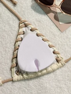 Women's Swimwear Bikini 2 Piece Thong Swimsuit Backless Slim Vacation Beach Wear Solid Color Halter Neck Sleeveless Bathing Suits