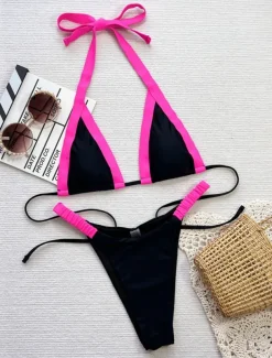 Women's Swimwear Bikini 2 Piece Thong Swimsuit Backless Slim Vacation Beach Wear Solid Color Halter Neck Sleeveless Bathing Suits