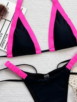 Women's Swimwear Bikini 2 Piece Thong Swimsuit Backless Slim Vacation Beach Wear Solid Color Halter Neck Sleeveless Bathing Suits