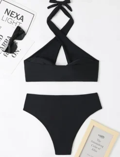 Women's Swimwear Bikini 2 Piece Cheeky Swimsuit Backless High Waist Slim Vacation Beach Wear Solid Color Halter Neck Sleeveless Bathing Suits