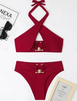 Women's Swimwear Bikini 2 Piece Cheeky Swimsuit Backless High Waist Slim Vacation Beach Wear Solid Color Halter Neck Sleeveless Bathing Suits