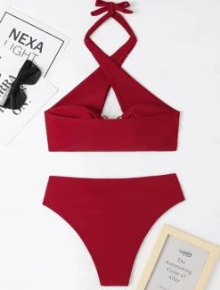 Women's Swimwear Bikini 2 Piece Cheeky Swimsuit Backless High Waist Slim Vacation Beach Wear Solid Color Halter Neck Sleeveless Bathing Suits