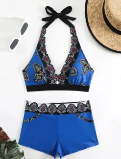 Women's Swimwear Bikini 2 Piece Boy Leg Swimsuit Backless Slim Vacation Beach Wear Graphic V Neck Sleeveless Bathing Suits