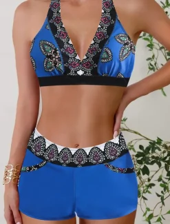 Women's Swimwear Bikini 2 Piece Boy Leg Swimsuit Backless Slim Vacation Beach Wear Graphic V Neck Sleeveless Bathing Suits