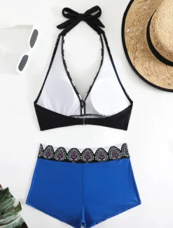 Women's Swimwear Bikini 2 Piece Boy Leg Swimsuit Backless Slim Vacation Beach Wear Graphic V Neck Sleeveless Bathing Suits