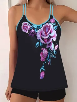 Women's Swimwear Bikini 2 Piece Boy Leg Swimsuit Backless Slim Vacation Beach Wear Floral U Neck Sleeveless Bathing Suits