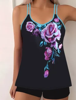 Women's Swimwear Bikini 2 Piece Boy Leg Swimsuit Backless Slim Vacation Beach Wear Floral U Neck Sleeveless Bathing Suits