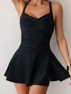 Women's Swimwear Bikini 2 Piece Boy Leg Swimsuit Backless Slim Vacation Beach Wear Plain Halter Neck Sleeveless Bathing Suits