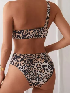 Women's Swimwear Bikini 2 Piece Cheeky Swimsuit Backless Slim Vacation Beach Wear Leopard Asymmetric Neck Sleeveless Bathing Suits