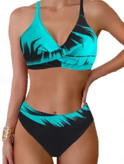 Women's Swimwear Bikini 2 Piece Cheeky Swimsuit Backless Slim Vacation Beach Wear Graphic V Neck Sleeveless Bathing Suits