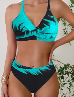 Women's Swimwear Bikini 2 Piece Cheeky Swimsuit Backless Slim Vacation Beach Wear Graphic V Neck Sleeveless Bathing Suits