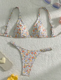 Women's Swimwear Bikini 2 Piece Thong Swimsuit Backless Slim Vacation Beach Wear Floral V Neck Sleeveless Bathing Suits