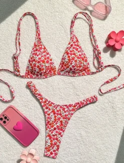 Women's Swimwear Bikini 2 Piece Thong Swimsuit Backless Slim Vacation Beach Wear Floral V Neck Sleeveless Bathing Suits