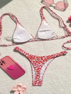 Women's Swimwear Bikini 2 Piece Thong Swimsuit Backless Slim Vacation Beach Wear Floral V Neck Sleeveless Bathing Suits