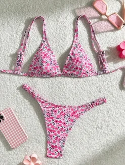 Women's Swimwear Bikini 2 Piece Thong Swimsuit Backless Slim Vacation Beach Wear Floral V Neck Sleeveless Bathing Suits