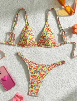 Women's Swimwear Bikini 2 Piece Thong Swimsuit Backless Slim Vacation Beach Wear Floral V Neck Sleeveless Bathing Suits