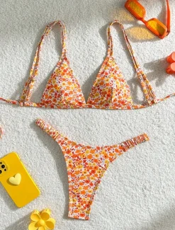 Women's Swimwear Bikini 2 Piece Thong Swimsuit Backless Slim Vacation Beach Wear Floral V Neck Sleeveless Bathing Suits