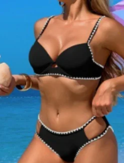 Women's Swimwear Bikini 2 Piece Cheeky Swimsuit Backless Slim Vacation Beach Wear Solid Color V Neck Sleeveless Bathing Suits