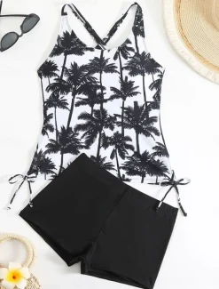 Women's Swimwear Bikini 2 Piece Boy Leg Swimsuit Backless Slim Vacation Beach Wear Graphic U Neck Sleeveless Bathing Suits