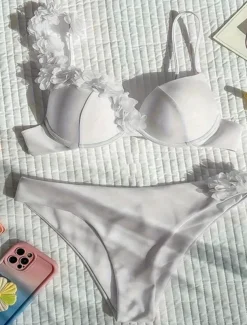 Women's Swimwear Bikini 2 Piece Cheeky Swimsuit Backless Slim 3D Floral Vacation Beach Wear Solid Color V Neck Sleeveless Bathing Suits