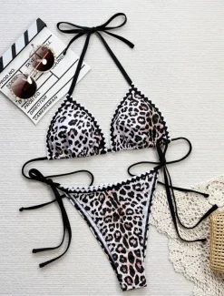 Women's Swimwear Bikini 2 Piece Cheeky Swimsuit Backless Slim Vacation Beach Wear Leopard Halter Neck Sleeveless Bathing Suits