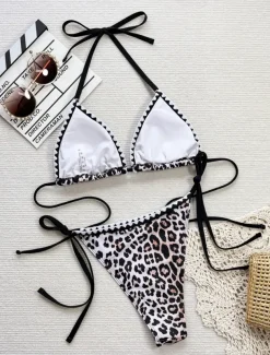 Women's Swimwear Bikini 2 Piece Cheeky Swimsuit Backless Slim Vacation Beach Wear Leopard Halter Neck Sleeveless Bathing Suits