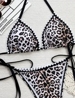 Women's Swimwear Bikini 2 Piece Cheeky Swimsuit Backless Slim Vacation Beach Wear Leopard Halter Neck Sleeveless Bathing Suits