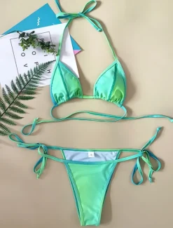 Women's Swimwear Bikini 2 Piece Cheeky Swimsuit Backless Slim Vacation Beach Wear Solid Color Halter Neck Sleeveless Bathing Suits