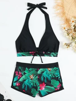 Women's Swimwear Bikini 2 Piece Boy Leg Swimsuit Backless High Waist Slim Vacation Beach Wear Graphic Halter Neck Sleeveless Bathing Suits