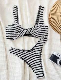 Women's Swimwear Bikini 2 Piece Cheeky Swimsuit Backless Slim Vacation Beach Wear Stripe V Neck Sleeveless Bathing Suits