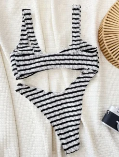 Women's Swimwear Bikini 2 Piece Cheeky Swimsuit Backless Slim Vacation Beach Wear Stripe V Neck Sleeveless Bathing Suits