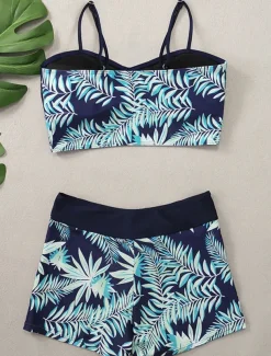 Women's Swimwear Bikini 2 Piece Boy Leg Swimsuit Backless Slim Vacation Beach Wear Graphic U Neck Sleeveless Bathing Suits