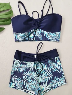 Women's Swimwear Bikini 2 Piece Boy Leg Swimsuit Backless Slim Vacation Beach Wear Graphic U Neck Sleeveless Bathing Suits