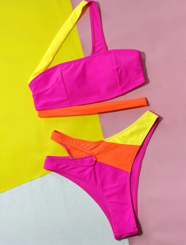 Women's Swimwear Bikini 2 Piece Cheeky Swimsuit Backless Slim Vacation Beach Wear Color Block Asymmetric Neck Sleeveless Bathing Suits