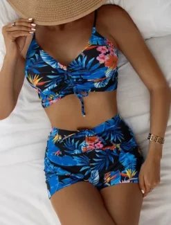 Women's Swimwear Bikini 2 Piece Boy Leg Swimsuit Backless Slim Vacation Beach Wear Floral V Neck Sleeveless Bathing Suits