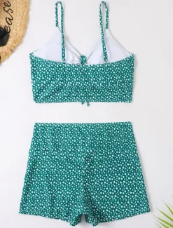 Women's Swimwear Bikini 2 Piece Boy Leg Swimsuit Backless Slim Vacation Beach Wear Floral V Neck Sleeveless Bathing Suits