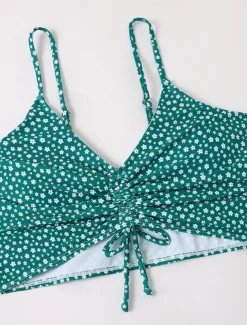 Women's Swimwear Bikini 2 Piece Boy Leg Swimsuit Backless Slim Vacation Beach Wear Floral V Neck Sleeveless Bathing Suits